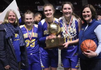 Lauren (Webster) Brown, left, and Lesley (Carter) Blethen, members of the Seahawks’ 1984 state championship team, stand with their daughters, Kylie Brown, Glory Blethen and Faith Blethen, following the game. STEVE EDWARDS/Boothbay Register