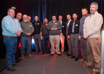 Three Boothbay municipal officials joined representatives of Sargent Construction in Stillwater and Sebago Technics April 10 in accepting the 2019 Build Maine Award for the Route 27 Redevelopment Project. Boothbay officials pictured are far left, Public Works Director Mike Alley; far right, Town Manager Dan Bryer; and middle, Selectman Dale Harmon. Courtesy of Sargent Construction