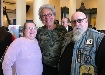 Nancy Tibbetts Stoddard, Barry Sherman and Warren Ard, Vietnam veteran and Garry Owen House board member (provides transitional shelter for homeless veterans) at the State House ceremony. Sarah Sherman photo