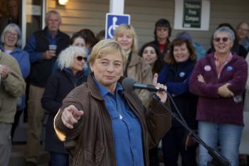 Then-gubernatorial nominee Janet Mills takes questions at the Lincoln County Democrats’ “Rally for Democracy” in late October 2018. Courtesy of Bob Crink