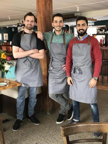 Alex Mackay, Ridvan Erman and Metehan Sahin present Taka. KELLIE BIGOS/Boothbay Register