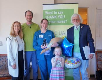 The DAISY Award was presented to LincolnHealth’s Erika Fairfield, RN on May 7 at the Miles Campus in Damariscotta. Pictured from left are Bonnie Barnes, DAISY Foundation president and CEO; Paul Sveum, Fairfield’s husband; Ericka Fairfield, RN; Elodie Page, Fairfield’s daughter; and Mark Barnes, DAISY Foundation chairman. Courtesy of LincolnHealth