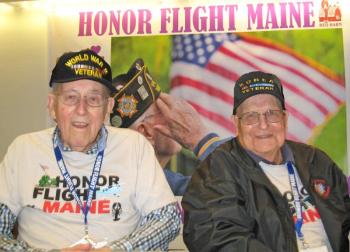 St. Andrews residents Leonard Belanger, left, and Dan Jameson, visited several war memorials April 26-28 on a Maine Honor Flight tour. Courtesy photo