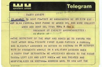 The telegram that Pat Farrin’s mother received informing her of his war wounds. Courtesy photo