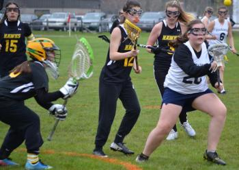 Boothbay lacrosse scored its biggest win of the season May 17 in beating Maranacook/Lawrence, 10-7, at Sherman Field. Here, Emilie Crocker tries to control the ball. BILL PEARSON/Boothbay Register