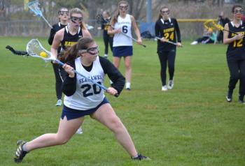 Boothbay’s Emilie Crocker scored a goal May 17 in the Lady Seahawks’ 10-7 home victory over the combined Maranacook/Winthrop squad. BILL PEARSON/Boothbay Register