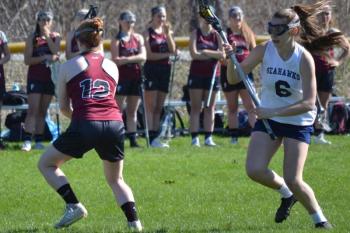 Boothbay’s Chloe Arsenault scored four goals May 6 against Freeport, but it wasn’t enough as the Falcons won, 19-9, at Sherman Field. BILL PEARSON/Boothbay Register