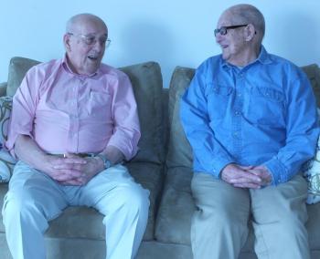 Veterans Leonard Belanger, left, and Dan Jameson reminisce about their April 26-28 trip to Washington, D.C as part of Maine Honor Flight. BILL PEARSON/Boothbay Register