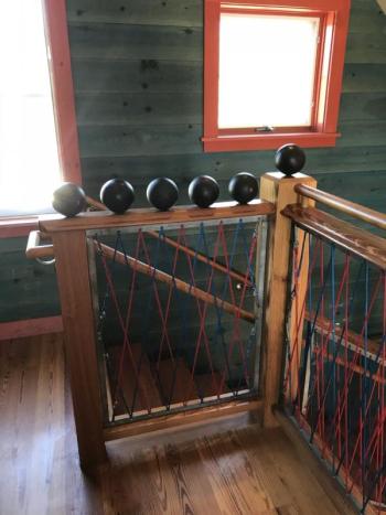 Bowling alley balls top balusters. KELLIE BIGOS/Boothbay Register