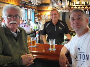 Retired economics professor Ron Cameron of Riverside, California and his nephew, Darryl Fitzgerald of Milton, Massachusetts traveled from the Sebago Lake region June 21 to meet their political hero at McSeagulls Restaurant. BILL PEARSON/Boothbay Register