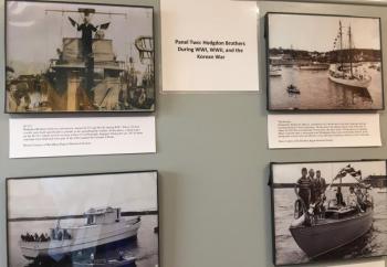 One side of the Hodgdon Yachts exhibit that features a sample of its the composite material. LISA KRISTOFF/Boothbay Register