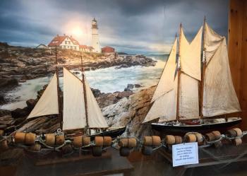 Models of the Sherman Zwicker and Bluenose grace the historical collection within the Windjammer Emporium in Boothbay Harbor thanks to George McEvoy. LISA KRISTOFF/Boothbay Register