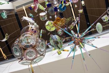 Algae-inspired pieces of glass art hang together in a new installation at Bigelow Laboratory for Ocean Sciences. A special Café Sci event at Bigelow Laboratory on Tuesday, July 9 at 5 p.m. will highlight the work of the artist-scientist team that produced this work, as well the work of several other teams that are fusing science and art. Courtesy of Bigelow Laboratory for Ocean Sciences