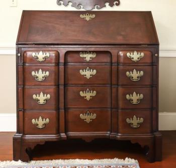 Boston Chippendale block front desk with carved mahogany fully developed two-tier blocked interior