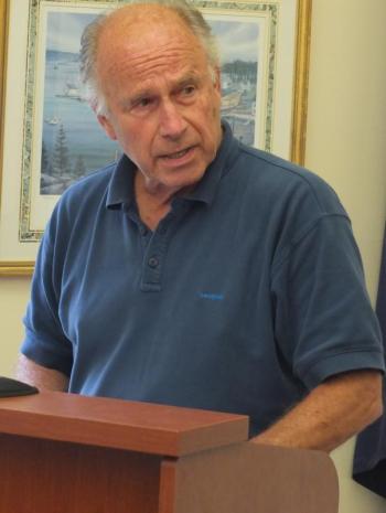 At the July 10 Boothbay planning board meeting, Bottle Cove resident Ray Egan explains his plans for a timber harvest. BILL PEARSON/Boothbay Register