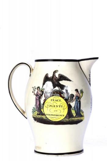 “Grand Turk” Herculaneum Ware jug, 11 ½” tall (“Peace, Plenty & Independence”)