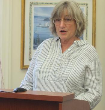 During the July 10 board meeting, Knickerbocker Lake Association president Paula Arsenault invites selectmen to the organization’s annual meeting. BILL PEARSON/Boothbay Register
