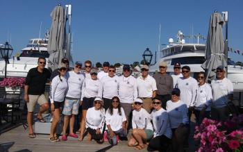 Participants in the Westport Yacht owners’ weekend assemble before the kayak races around Boothbay Harbor. JANE CARPENTER/Boothbay Register