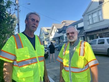 Contractor Pike Industries’ project manager Wayne Blais, left, and Maine Department of Transportation’s project resident Rob Clewley. SUSAN JOHNS/Wiscasset Newspaper