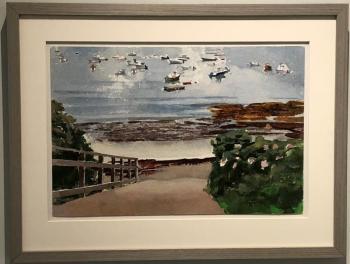 “Boat Launch in August,” one of Heidi Seidelhuber’s new paintings in her new show, “A Walk Around Squirrel Island,” at Studio 53. Courtesy of the artist Heidi Seidelhuber