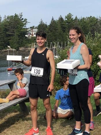 The first place runners: In the men’s race, William Crounse, and in the women’s race, Emily Helming. JENNY BENNETT/Boothbay Register