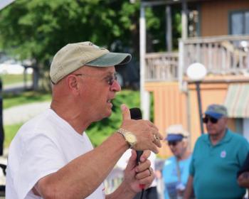 Boothbay Harbor Waterfront Preservation president Ken Fitch speaks to the crowd. Bob Crink photo
