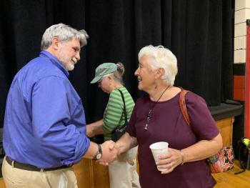 Archeologist Arthur Speiss meets South Bristol’s Donna Plummer Sept. 15 at a kickoff lecture of a Lincoln County Historical Association, Old Fort Western series in Wiscasset. SUSAN JOHNS/Wiscasset Newspaper