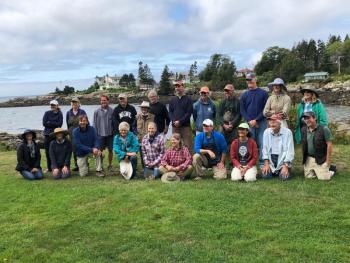 Artists from as far as Pennsylvania and Canada join many local ones for the annual Great Paint Out at Grimes Cove Sept. 4. Back row, from left: Elienne Basa, Charlotte Thibault, Brad Betts, Peter Yesis, Corinne McIntyre, Rick Reinert, Jonathan Eiten, Fran Scannell, George Van Hook, Jack Miller, Suzanne Marinell and Marcia Annenberg. Front row, from left: Olena Babak, Roberta Goschke, Thomas Adkins, Penny Markley, Candy McKellar, Alison Biddle, Ed Buonvecchio, Liliana Thelander, Tony van Hasselt and Ken Harvey. JENNY BENNETT/Boothbay Register
