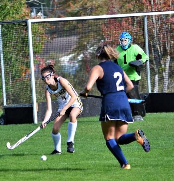 Freshman defender Kyra Blake chases down the ball. KEVIN BURNHAM/Boothbay Register