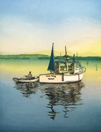 “Lobster Boat” - 20” X 27” woodcut print by Matt Brown. Courtesy of Green Lion Gallery, Bath Matt Brown