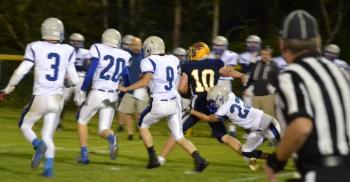 Boothbay quarterback Hunter Crocker rushed for 140 yards on 15 carries Sept. 13 against OOB. Crocker ran for 70 yards on a broken play in the second quarter for a touchdown. BILL PEARSON/Boothbay Register