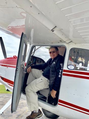 Atlanta, Georgia’s Lou Furlong steps out of his Cessna 180. SUSAN JOHNS/Wiscasset Newspaper