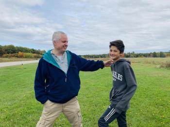 Clifford Dow introduces the Wiscasset Newspaper to son Travis. SUSAN JOHNS/Wiscasset Newspaper