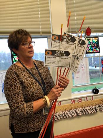 Principal Lisa Clarke explains the Pumpkin Catapult Olympics challenges. JENNY BENNETT/Boothbay Register