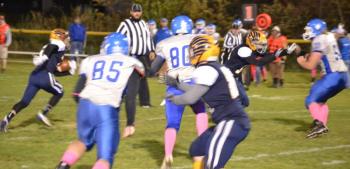 Boothbay cornerback Stephen Bennett reverses field after intercepting a Sacopee Valley pass in his team’s 36-0 homecoming win. BILL PEARSON/Boothbay Register