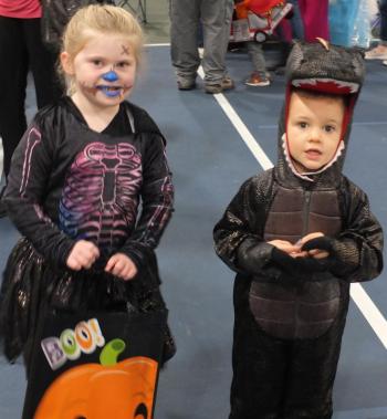 Trunk or Treat’s scariest duo may have been siblings Aurora Wallace, left, as a skeleton and brother Brock aa a dinosaur. BILL PEARSON/Boothbay Register