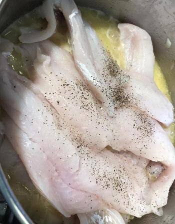 Three pounds of haddock added to the pan. Lisa Orne Hallinan photo