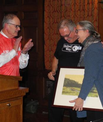 United Way campaign chair Steve Bailey, left, and campaign director Tom Blatz of Wiscasset present the Volunteer of the Year Award to Carlene Byron of Independence Association, a United Way partner agency. Courtesy of Barbara Reinertsen