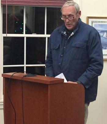 On Nov. 20, Nat Wilson explains his proposal to raise a stone wharf and fish house in East Boothbay for constructing a pier, gear platform and ramp for his son’s fishing business. BILL PEARSON/Boothbay Register
