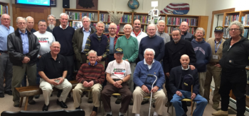 The following veterans attended the Nov. 11 ceremony at Southport Memorial Library. Sitting: from left, Jim Singer, Barclay Shepard, Bob Eaton, John Druce and Bob Hanley. Standing, left to right: Rob Cronk, Glenn Scott, Craig Tukey, Art Richardson, Russell Jones, Russ Jackson, Larry Crane, Kit Sherrill, Charles Niemanski, Bud Hawley, Mike Ciccarelli, Tom Lally, Tom Blake, Tim Hanley, Skip Williams, Jay Pinkham, York Fischer and Barry Sherman. BILL PEARSON/Boothbay Register
