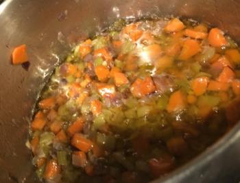 Cooking the carrots, celery, onion and garlic in EVO. Lisa Orne Hallinan photo