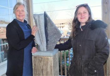 Sculptor Isabel Catherine Kelley, right, and BHRCC Director Patricia Royall post-installation of the 25th sculpture on the Trail Nov. 20. LISA KRISTOFF/Boothbay Register