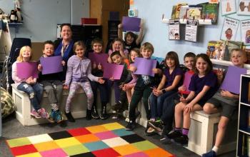 Barbara Carbone-Crocker’s grade 2 class at BRES shows its pride in purple on Nov. 22. Courtesy photo