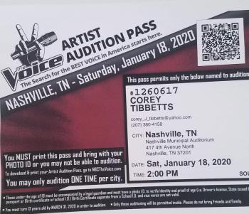 The audition pass! Courtesy of Corey Tibbetts