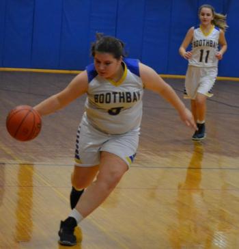 Sophomore Emilie Crocker dribbles up court Jan. 10 in Boothbay’s 48-34 win over Wiscasset. The Lady Seahawks are 8-2 and in second place in Class C South. BILL PEARSON/Boothbay Register