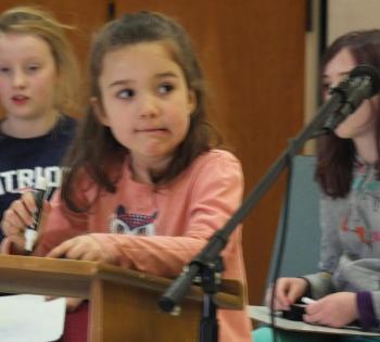 Spelling “hall” perplexed Edgecomb Eddy first grader Fern Chapman Jan. 31 as she misspelled the word and was eliminated in the school spelling bee’s second round. BILL PEARSON/Boothbay Register
