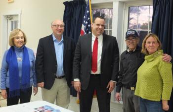 The Boothbay region GOP caucus featured State Sen. Dana Dow, R-Waldoboro, second right, U.S. Congressional candidate Dr. Jay Allen of Bristol, middle, and former state representative Stephanie Hawke of Boothbay Harbor. The candidates discussed political issues with caucus attendees like Dawn Gilbert, far left, and Scott Campbell, second left. BILL PEARSON/Boothbay Register