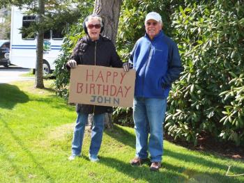 John and Jane Griffin wish their neighbor John Druce Happy Birthday with a simple sign May 15. BILL PEARSON/Boothbay Register
