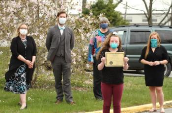 Suzie Edwards stands with Rep. Holly Stover and three of her BRES teachers, Soren Barker, Mame Anthony and Elizabeth Tilton. STEVE EDWARDS/Boothbay Register