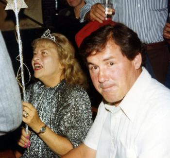 Leonie and her birthday party in 1981 with head bartender Bobby Rice. Photo by Hilary Bartlett